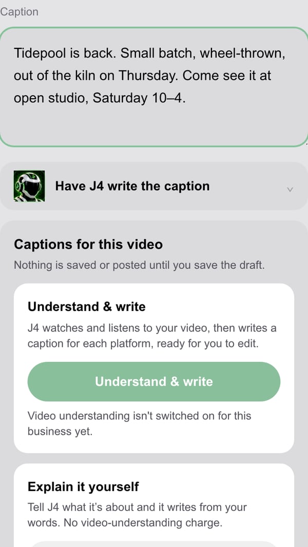 The caption box on a phone with the owner's own caption typed in, a Have J4 write the caption option, and Captions for this video with Understand and write and Explain it yourself.