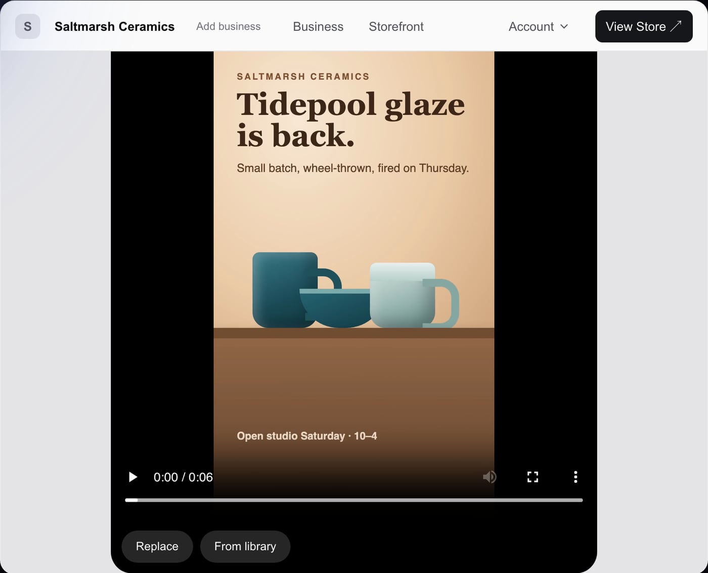 A video post in Social Studio: the uploaded vertical video of the sample pottery business plays in the editor, with Replace and From library buttons beneath it.