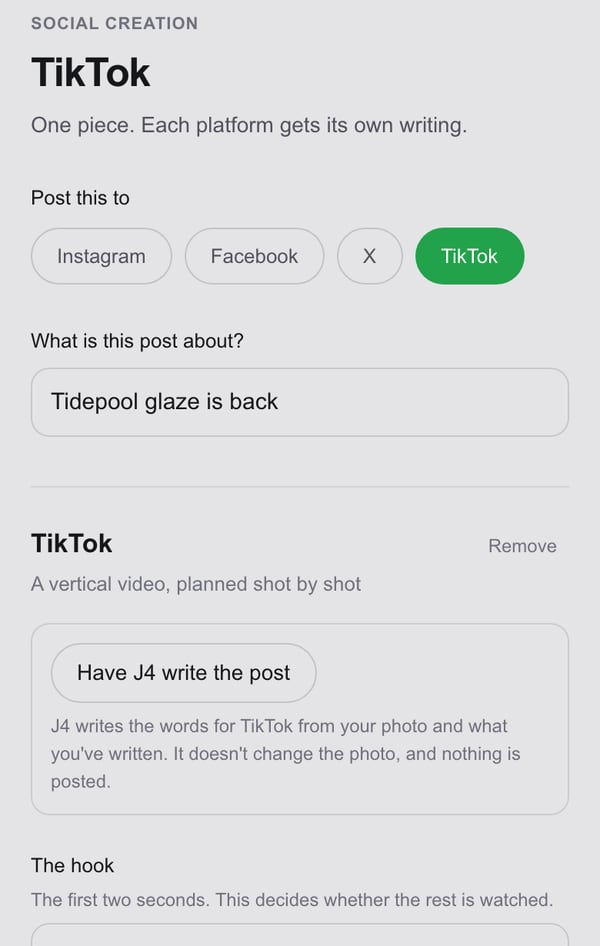 The TikTok editor on a phone: TikTok chosen under Post this to, a name for the post, Have J4 write the post, and the hook.