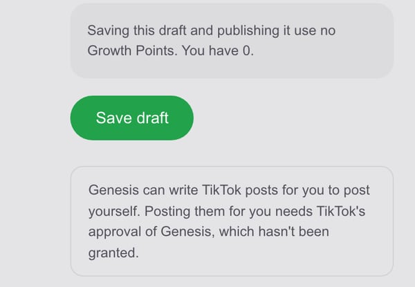 The bottom of the TikTok editor: the caption, Save draft, and a note that says Genesis can write TikTok posts for you to post yourself, and that posting them for you needs TikTok's approval of Genesis, which hasn't been granted.